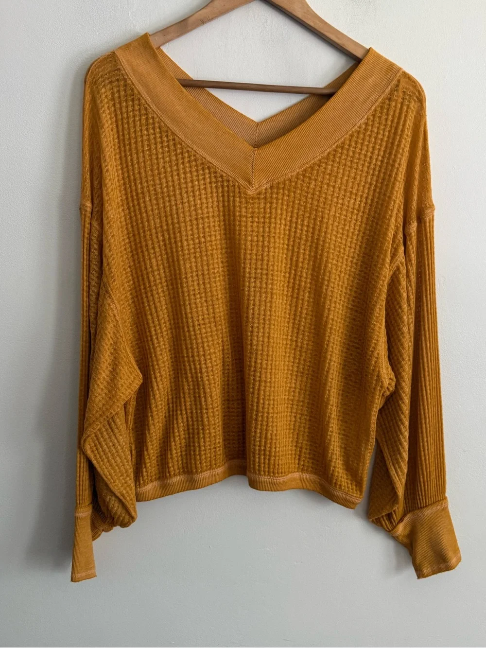 We The Free Thermal Waffle Knit Top Women’s XS Mustard V Neck Oversized Boho